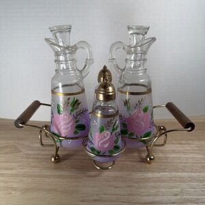 Anchor HOCKING Blendo Lavender Cruets And Salt & Pepper Shakers MCM Vtg Painted